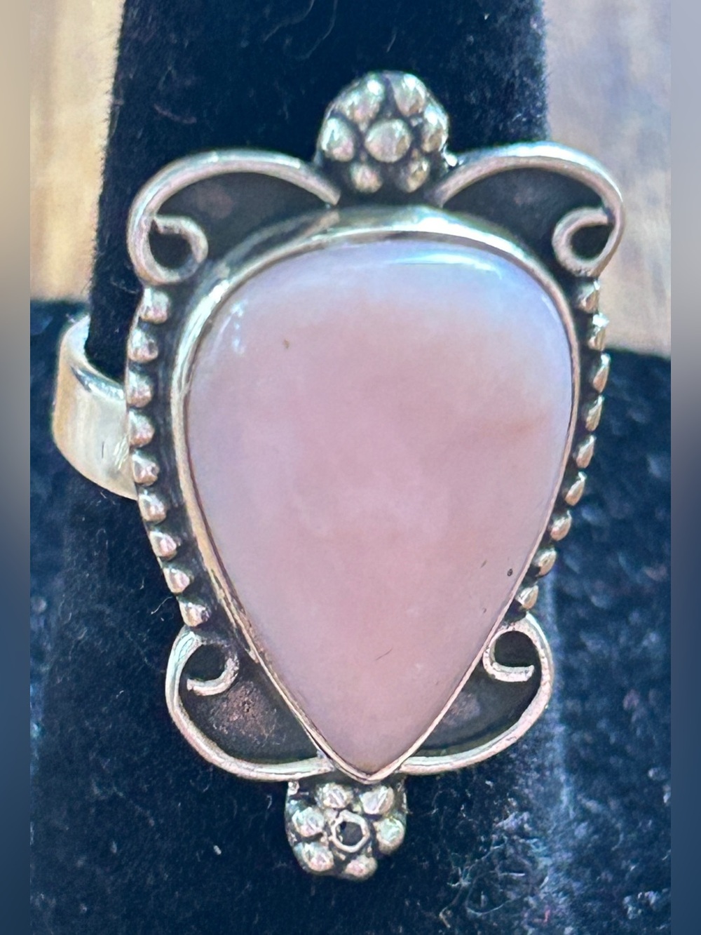 Pink opal and sterling silver ring.